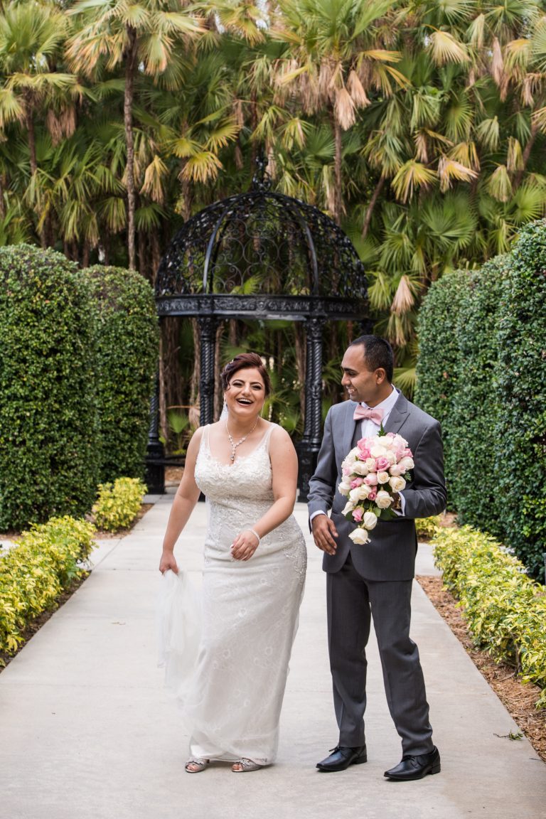 Bride and groom telling joke