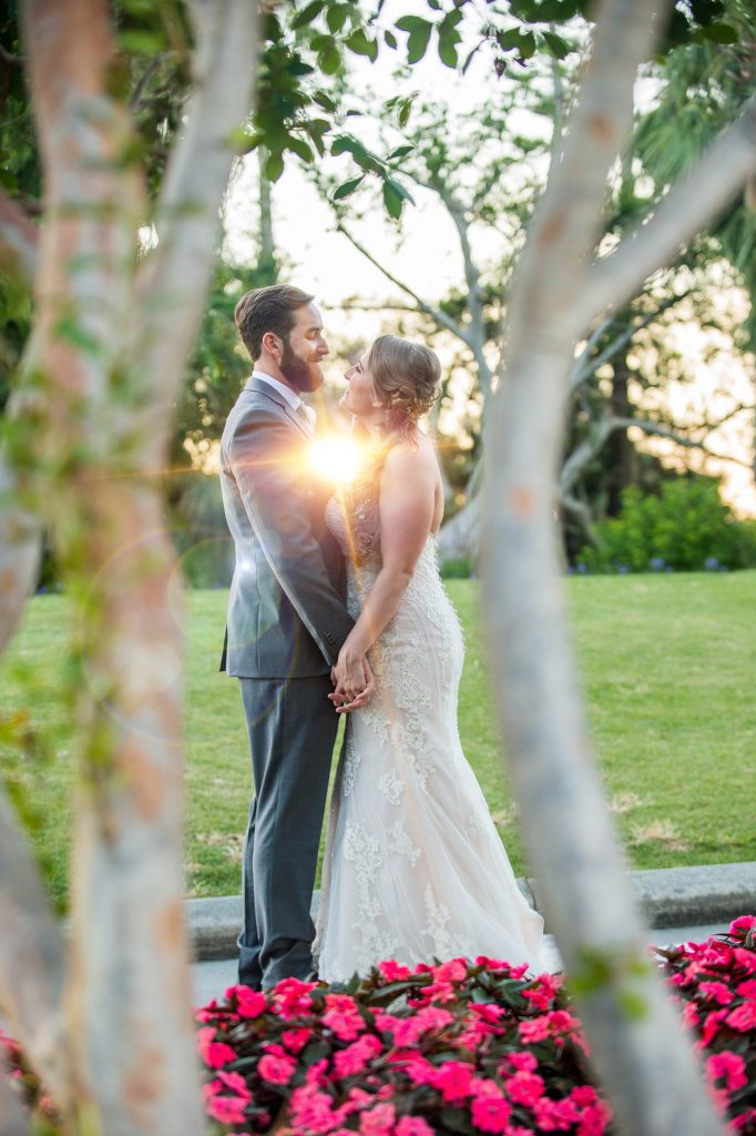 bride and groom at sunset