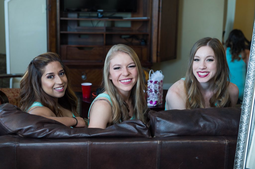 bridesmaids hanging out in hotel