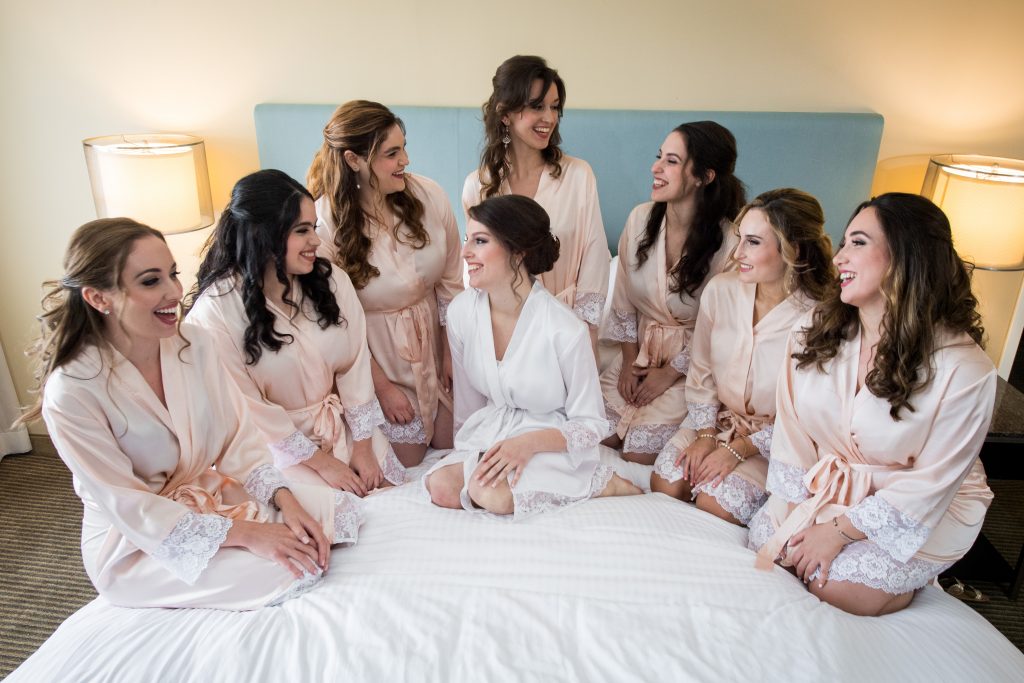 bride getting ready with bridesmaids