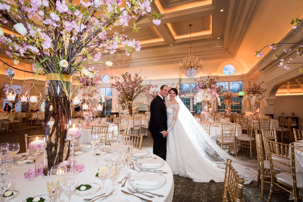 Bride and groom in reception room