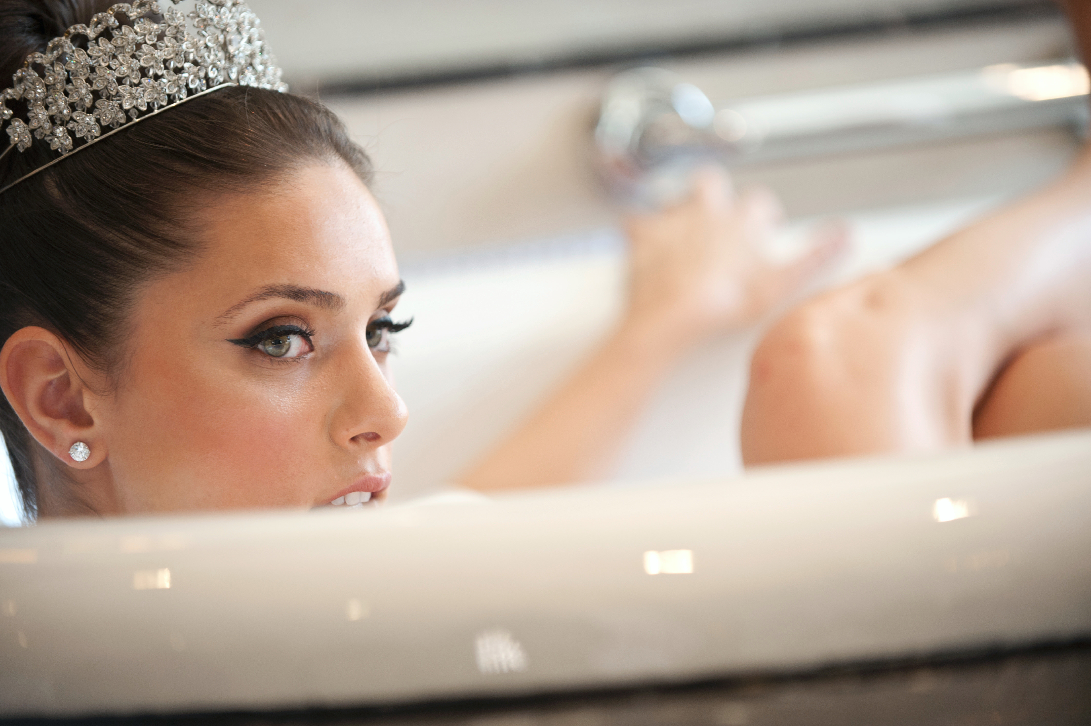 Bride in bath with tiara